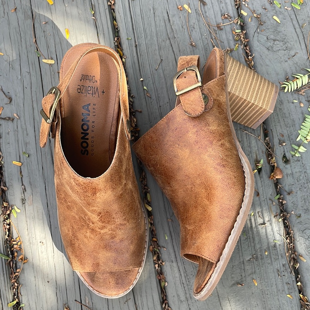 Fall open toed sling back mules with 3 inch heal!